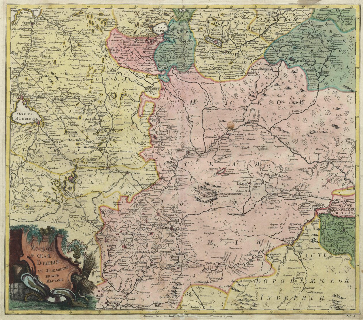 Moszkvai kormányzóság és a legközelebbi tartományok térképe - Névtelen mester - 1745 - Rézmetszet, akvarell - Tudományos Akadémia, Szentpétervár alkotó: Unknown artist