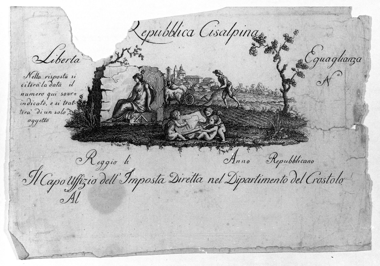 A Cisalpin Köztársaság (Cisalpina) térképe, amelyet Bonaparte Napóleon készített 1797.06.27-én francia mintára Olaszországban, amely 1802-ben lett Olasz Köztársaság. Ebben a Francia Köztársaság értékei vannak rögzítve (Liberte, Egalite). Metszet Museo del  alkotó: Unknown artist