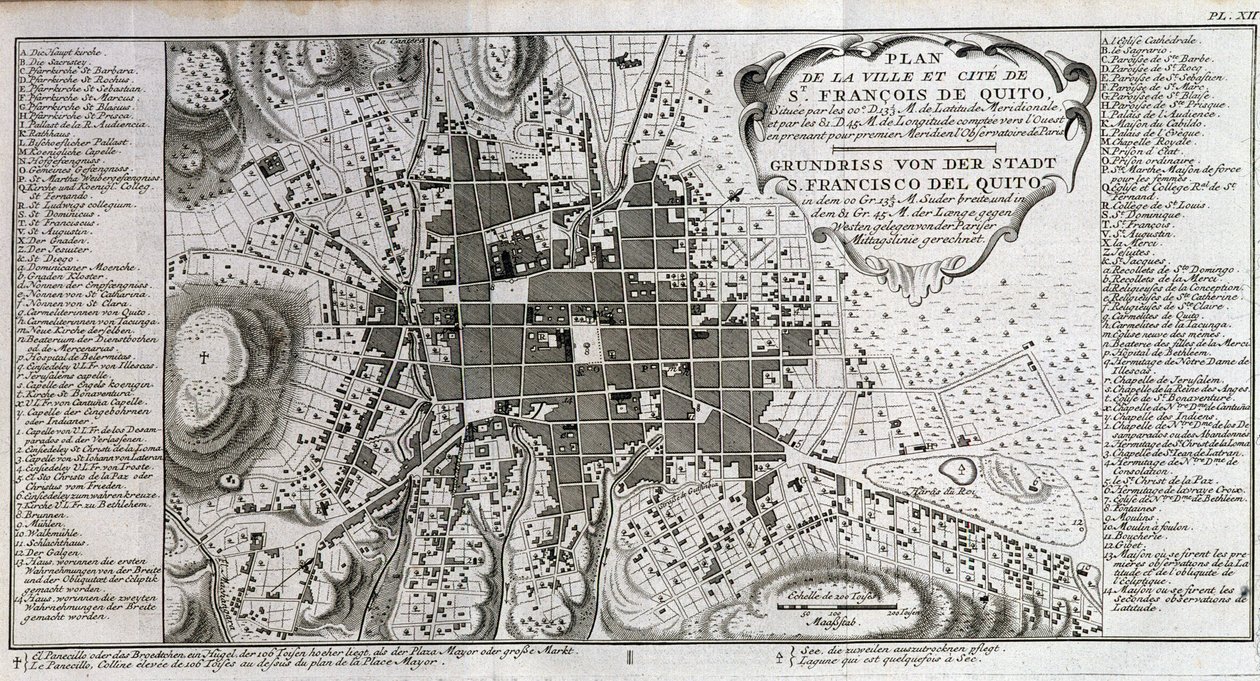 St François de Quito városának és városának térképe – a „Dél-Amerikai Történelmi Utazásban, amelyet Don George Juan és Don Antoine de Ulloa a spanyol király rendje alapján készített””, T.1, C.A. Jombert, Librairie du Roi, Párizs alkotó: Unknown artist