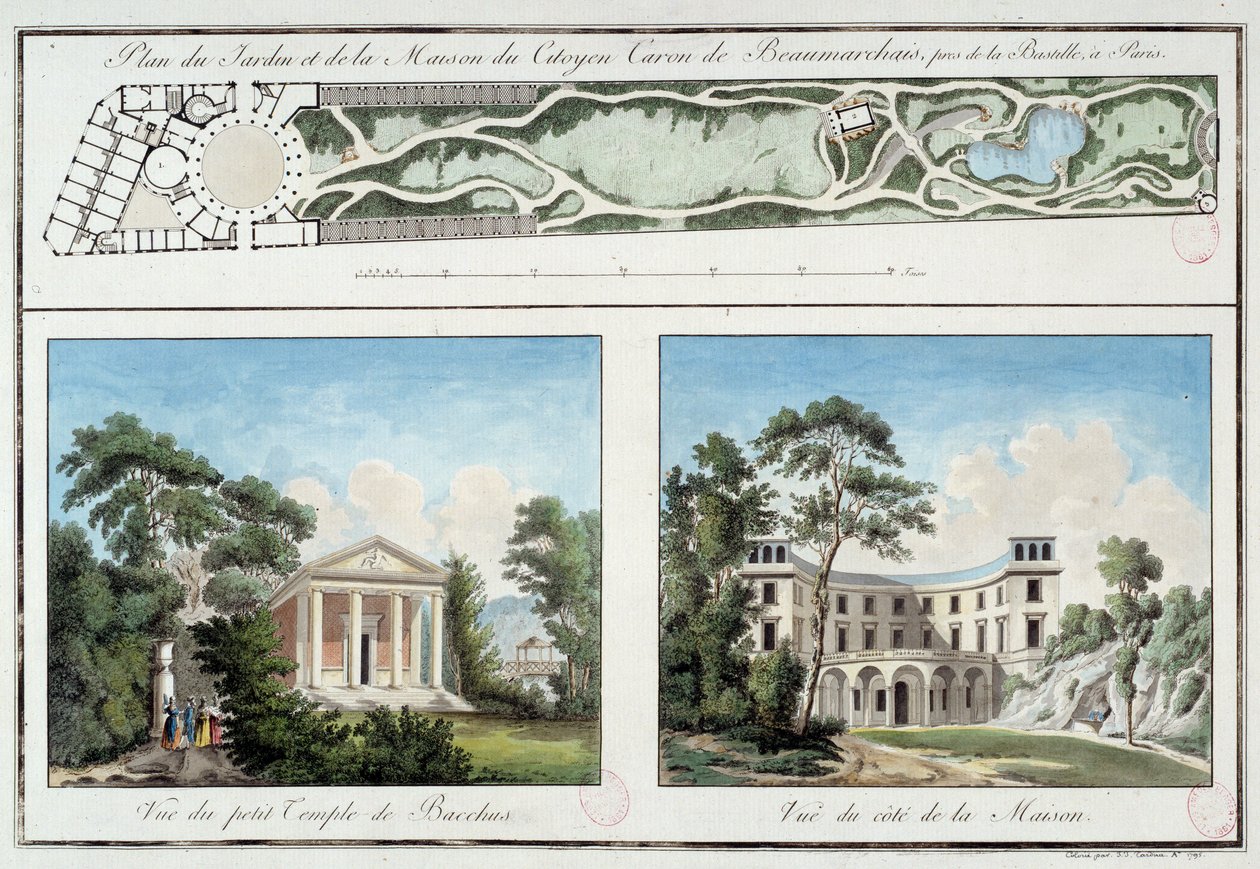 Pierre Augustin Caron de Beaumarchais francia író és drámaíró (1732-1799) kertjének és házának térképe a jelenlegi párizsi Boulevard Beaumarchais-ban. Metszet 1795 körül Párizs, Musee Carnavalet alkotó: Unknown artist