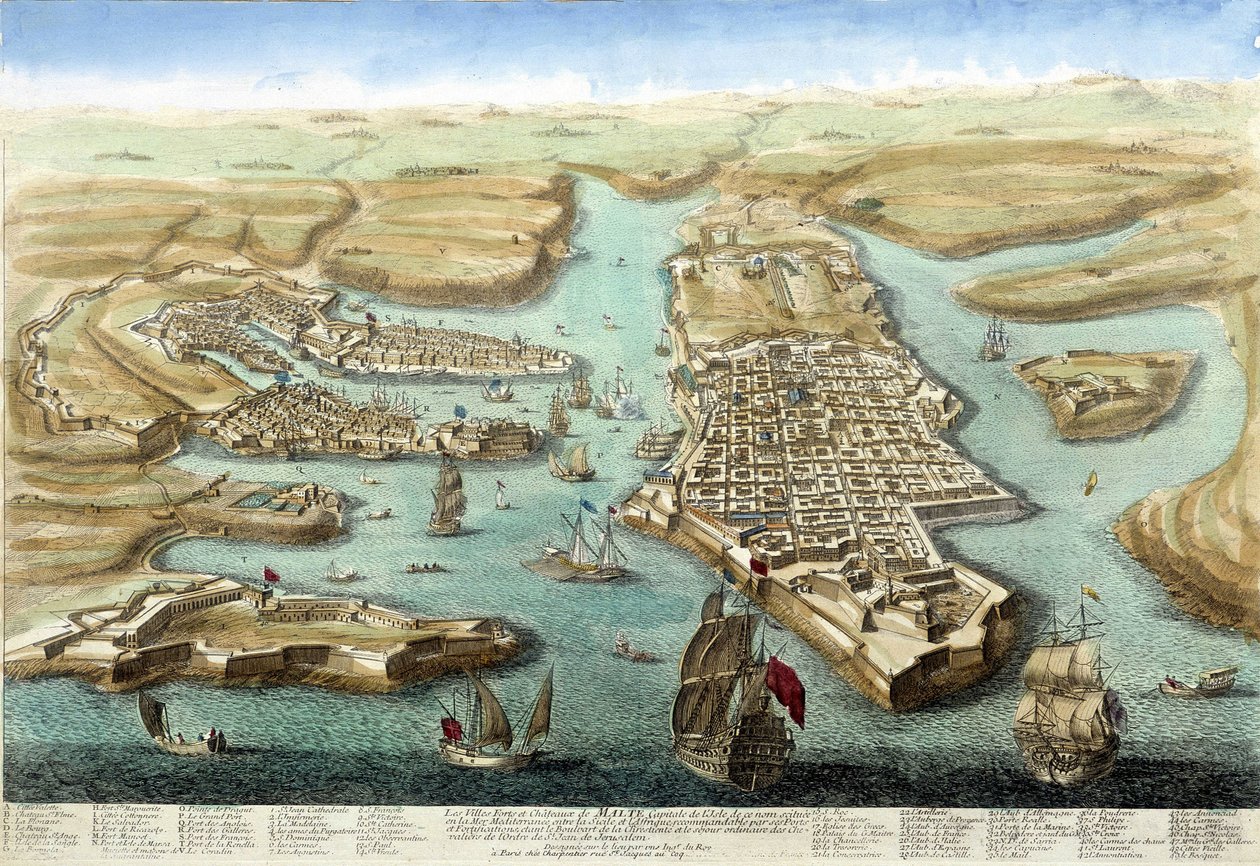 Térkép Málta kikötőjéről, erődítményeiről és a várról. 18. századi metszet. alkotó: Unknown artist