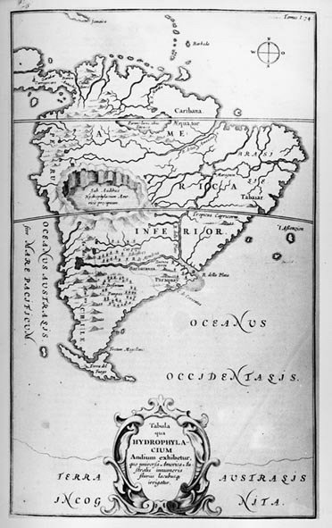 Dél-Amerika folyóinak térképe - „The Sousterrain World”, Athanasi Kireheri, 1600 körül. alkotó: Unknown artist