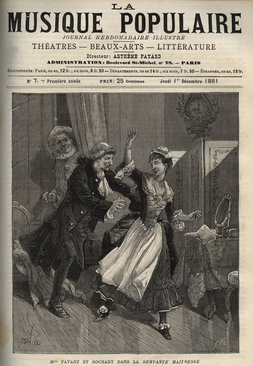 Marie Justine Benoite Duronceray, Madame Favart, és Rochart (Rochard) Pergolese (Giovanni Battista Pergolesi) „Servante Maitresse” (Serva padrona) című művében – metszet a „popular Music”” jeles hetilapba – 1882 alkotó: Unknown artist