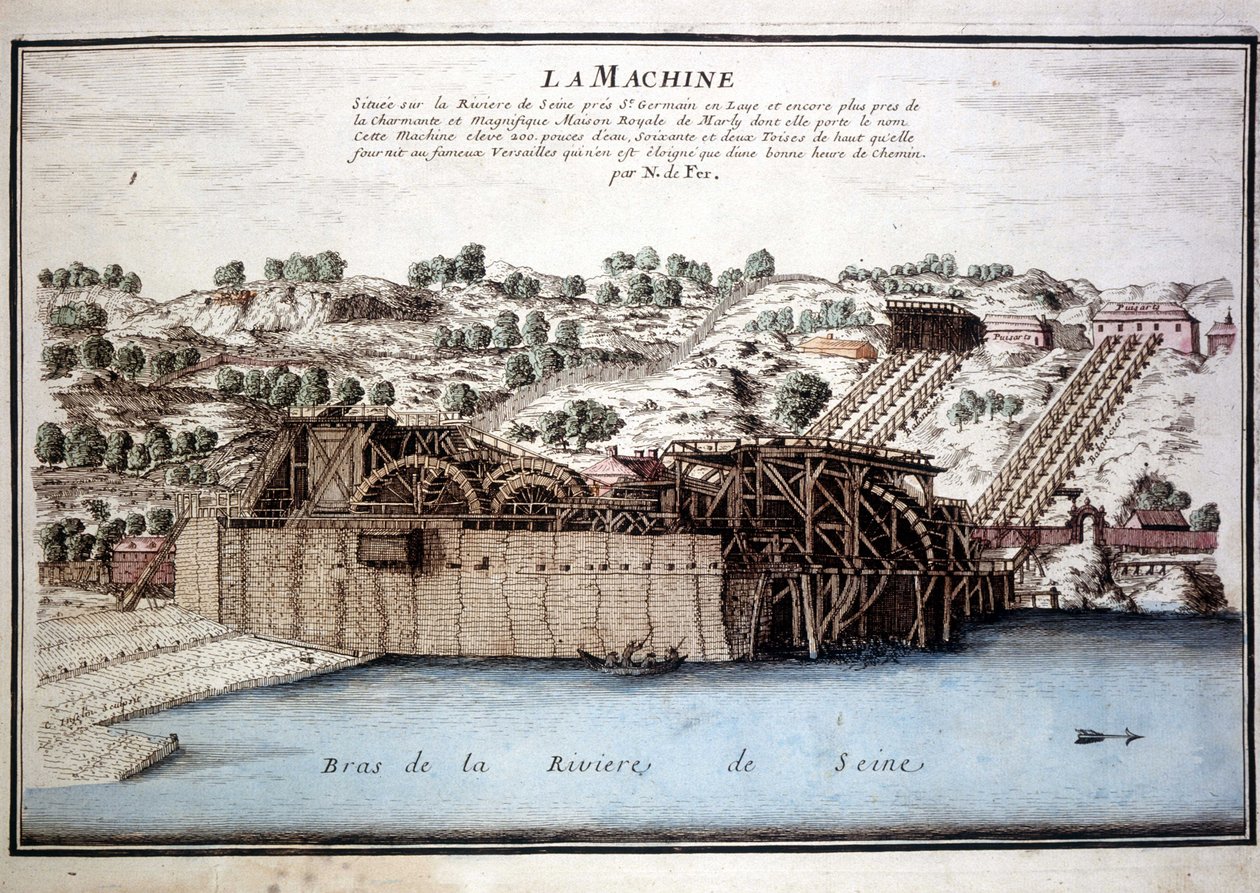 Marly de Rennequin gépe a Szajna vizét a Marly vízvezetéken keresztül Versailles-ba vezette. Metszet 1700-ból. alkotó: Unknown artist