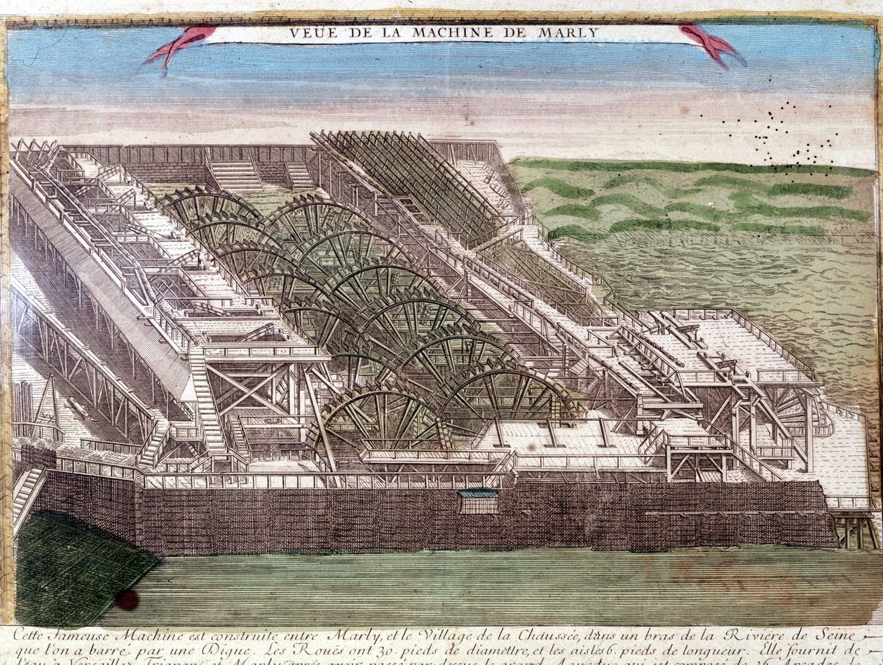 Marly de Rennequin gépe a Szajna vizét a Marly vízvezetéken keresztül Versailles-ba vezette. 18. századi metszet. alkotó: Unknown artist