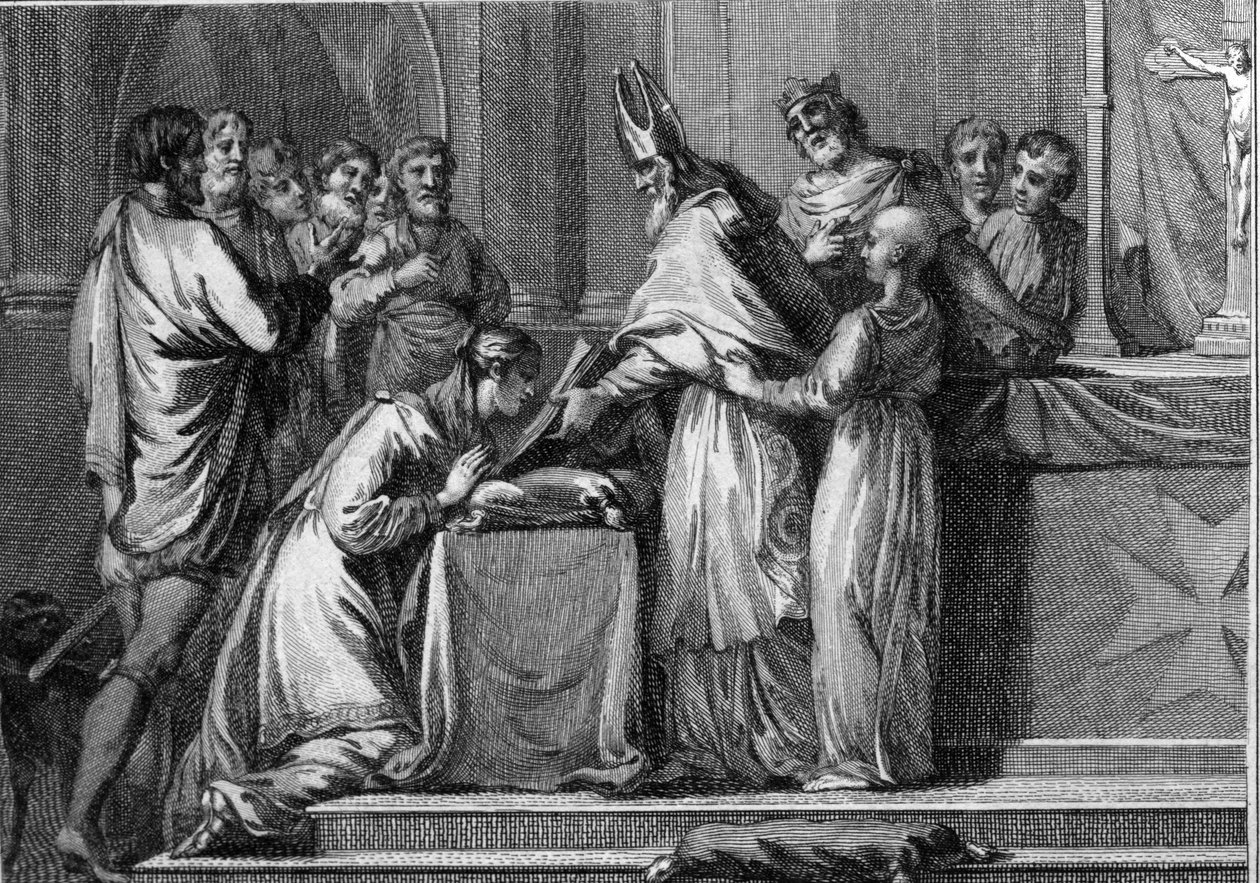 I. Sigebert (535-575), ausztráliai király és Brunehaut (vagy Brunehilde, 543-613) házassága, 566. 18. századi metszet. alkotó: Unknown artist