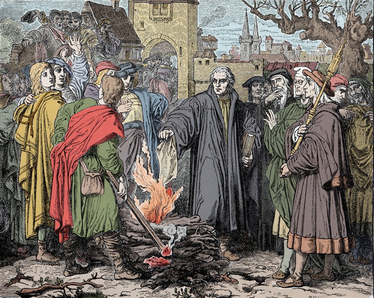 Luther Márton (1483-1546) a wittenbergi felgyújtja a X. Leon pápa által készített kiközösítési buborékot alkotó: Unknown artist