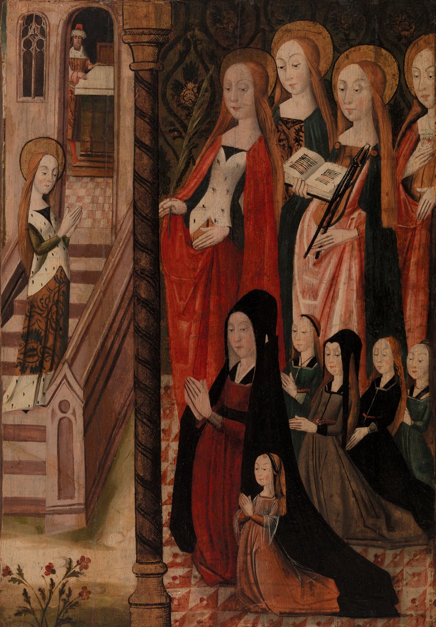 Mária a templomba megy, négy női szent, valamint egy női adományozó és lányai alkotó: Unknown artist