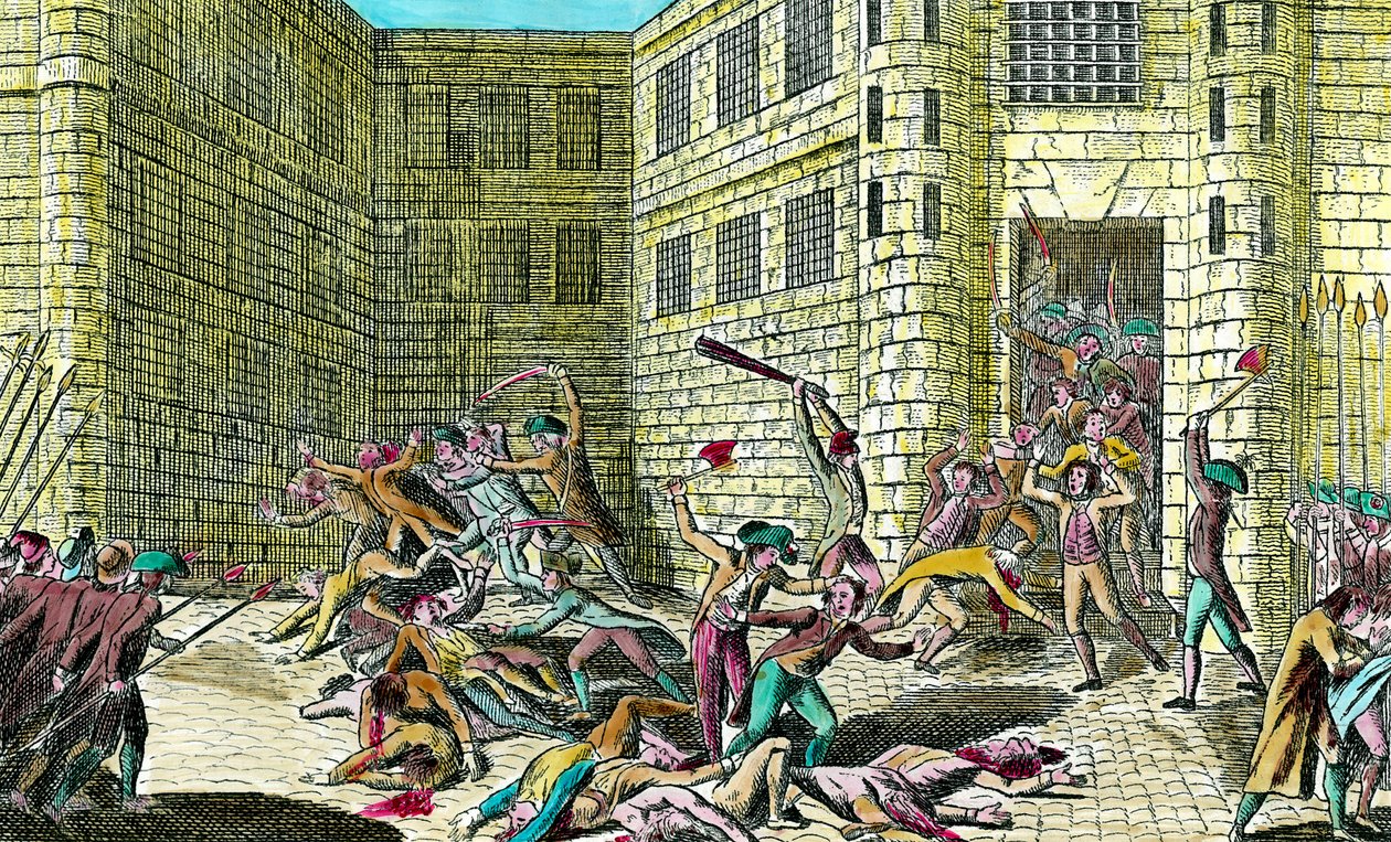 A Saint Germain-i apátság foglyainak lemészárlása 1792 szeptemberében. A francia forradalom színhelye. 18. századi metszet. Magángyűjtemény. alkotó: Unknown artist