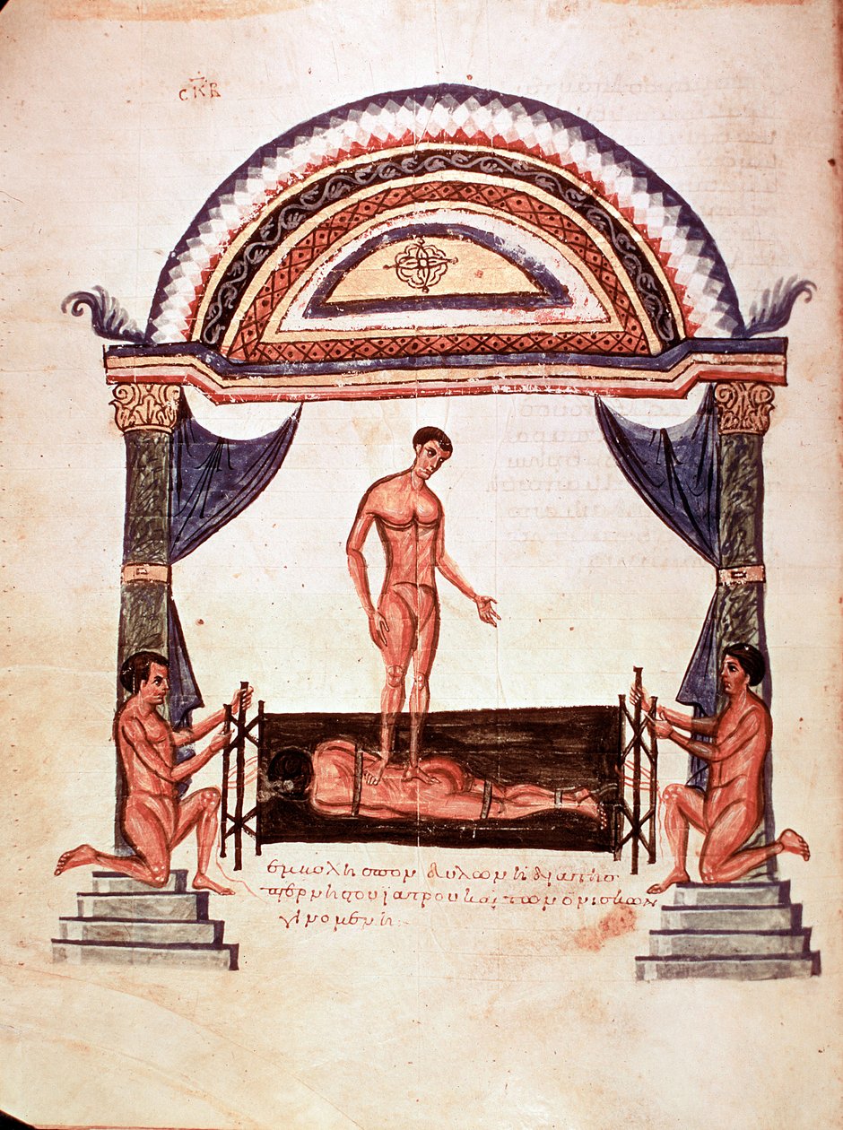 Gyógyászat: elmozdult gerinc csökkentése - a pácienst fadeszkára rögzítik, az egyik terapeuta a hátán áll (kézirat alkotó: Unknown artist