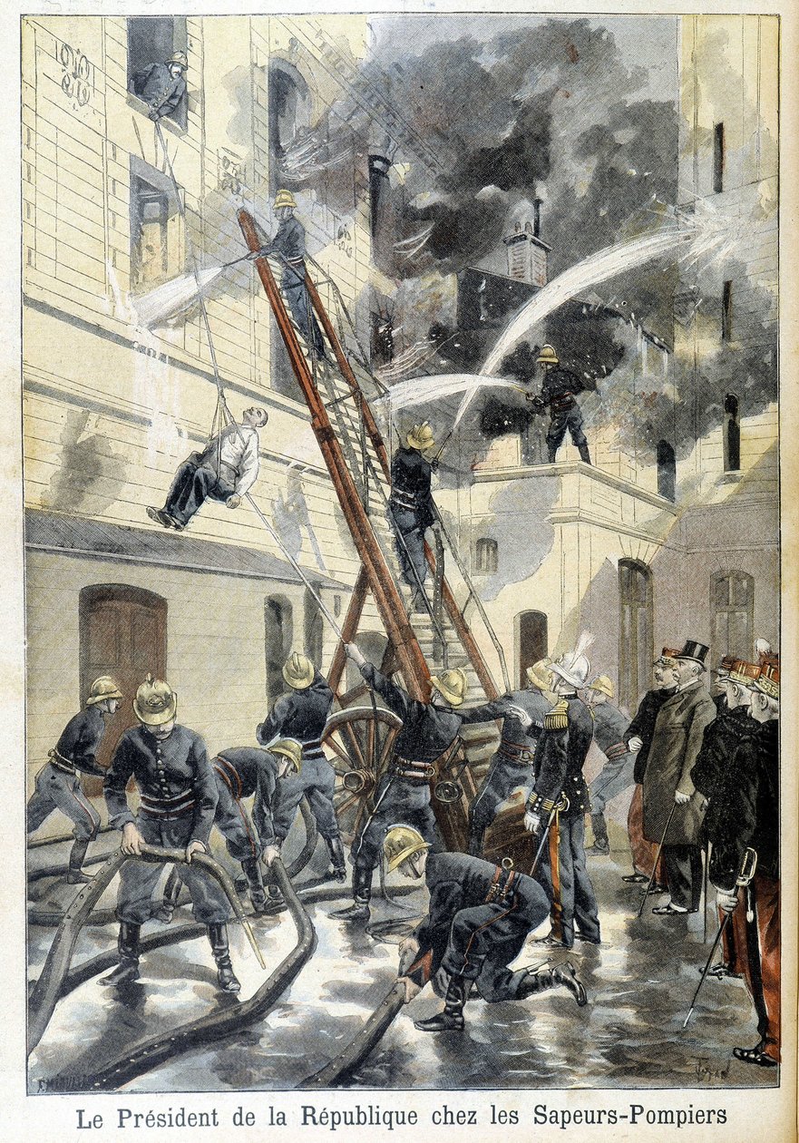 Felix Faure köztársasági elnök találkozója a tűzoltókkal tűz elleni beavatkozás közben. Az 1898-as „kis újság” illusztrációja. alkotó: Unknown artist