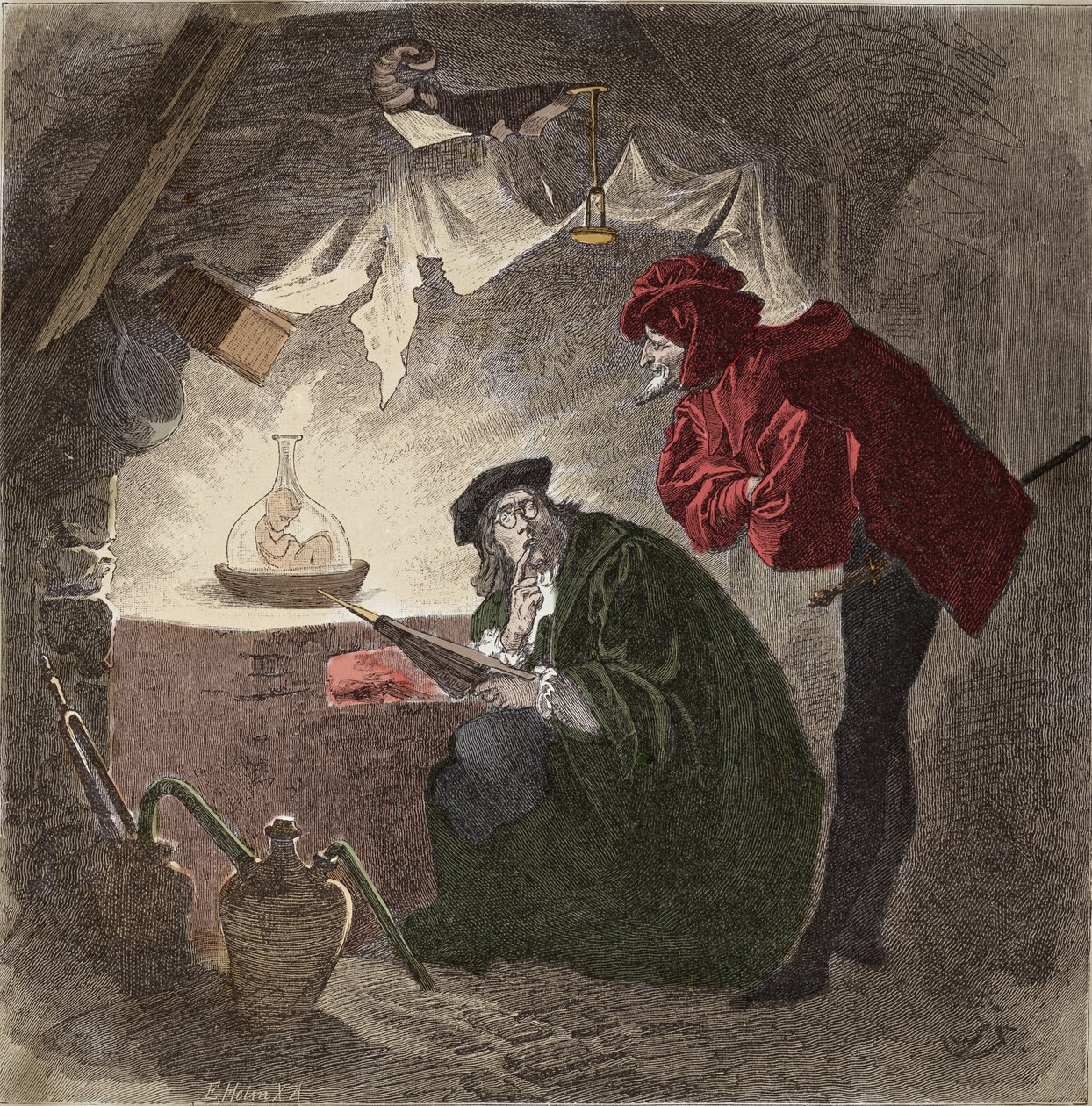 Mephistopheles (Mephisto) a Faust Illusztráció a „” Faust””-ról, Johann Wolfgang von Goethe (1749-1832) (illusztráció a „” faust”-hoz”, Goethe) Metszet alkotó: Unknown artist