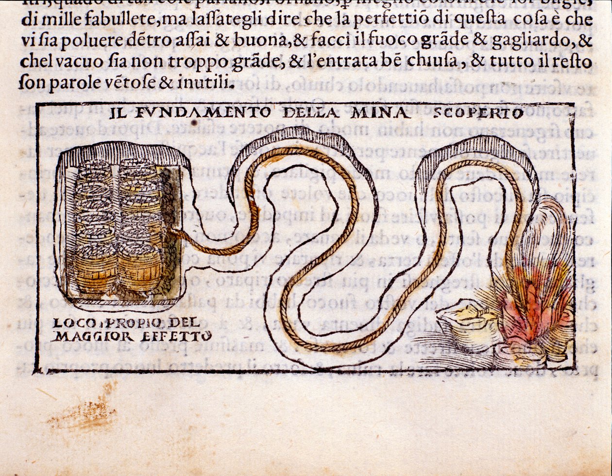 Katonai stratégia: az ellenséges erőd alapjai alá ásott földalatti galéria ábrázolása és robbanóanyagok felszerelése. Vannoccio Biringuccio (1480-1539) „De la Pyrotechnia” (vagy Pirotechnia) kohászati fejésből készült metszete, 1550. alkotó: Unknown artist