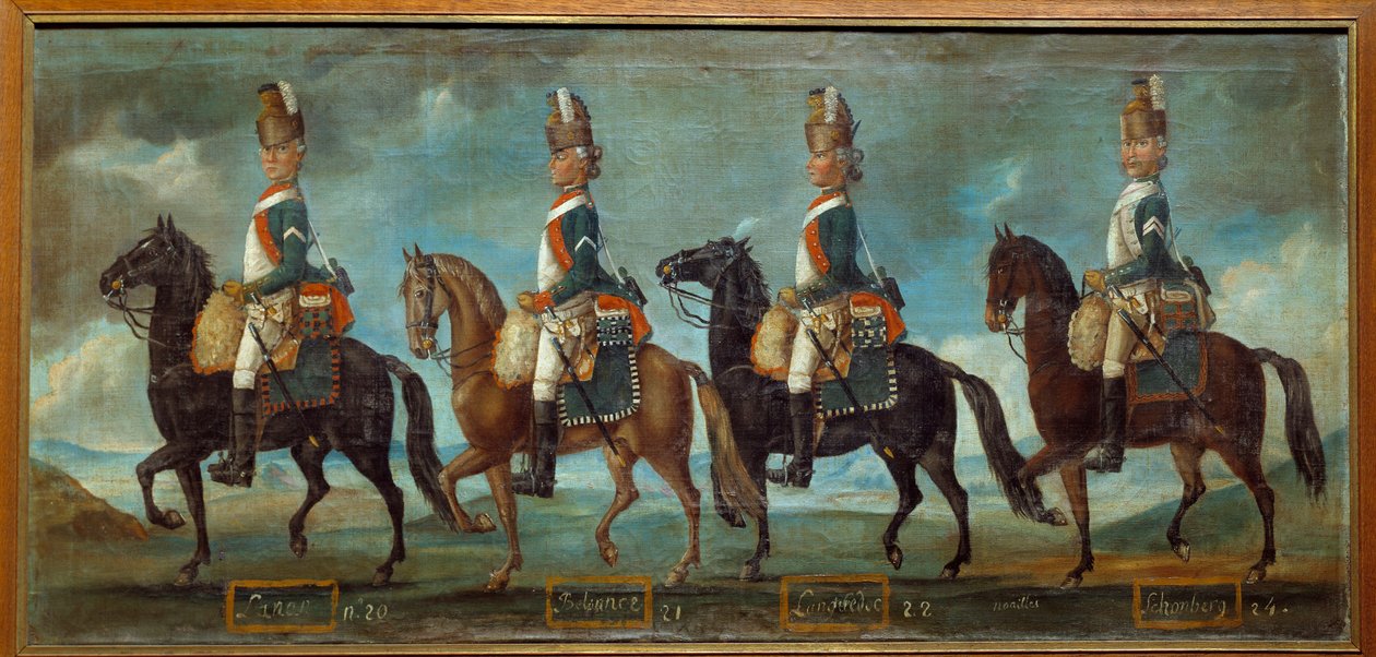 Sárkányok katonai egyenruhái, 1779-es rend szerint: Lanan (n. 20), Belsunce (n. 21), Languedoc (n. 22), Schomberg (n. 24) Névtelen festmény 1779-ből. Párizs, Musee de l