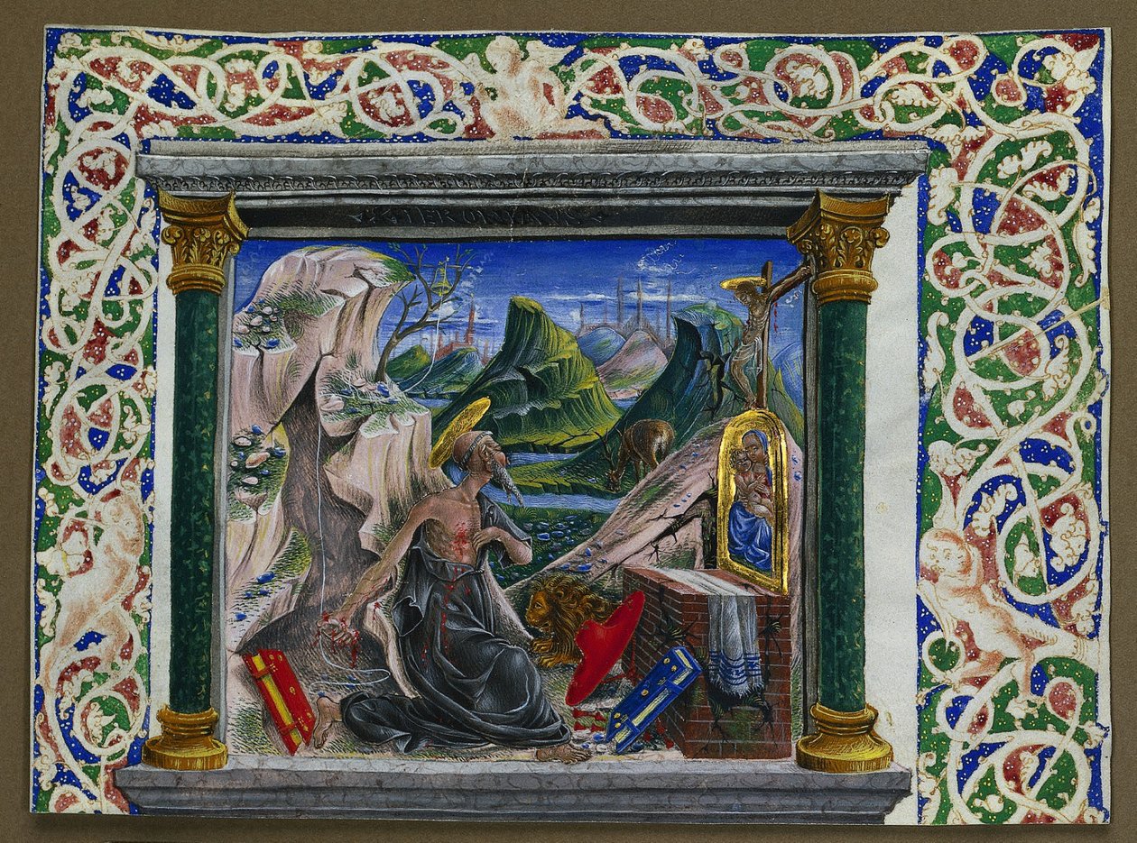 Kéziratból kivágott miniatúra: Jeromos a pusztában alkotó: Unknown artist