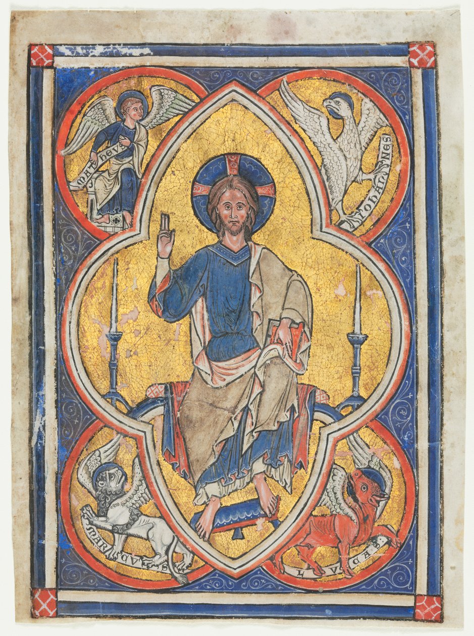 Zsoltárból kivágott miniatűr: Krisztus a felségben a négy evangélista jelképeivel alkotó: Unknown artist