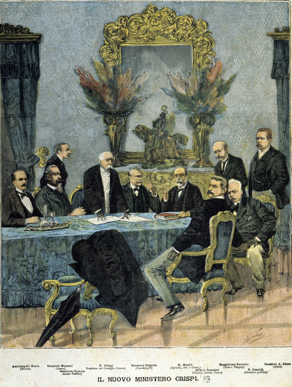 Az új „Crispi”-kormány miniszterei: balról jobbra Morin admirális, Mocenni tábornok, Francesco Crispi, Calenda szenátor, P. Boselli, Sidney Sonnino, Maggiorino Ferraris, G. Faccelli és A. Blanc szenátor alkotó: Unknown artist