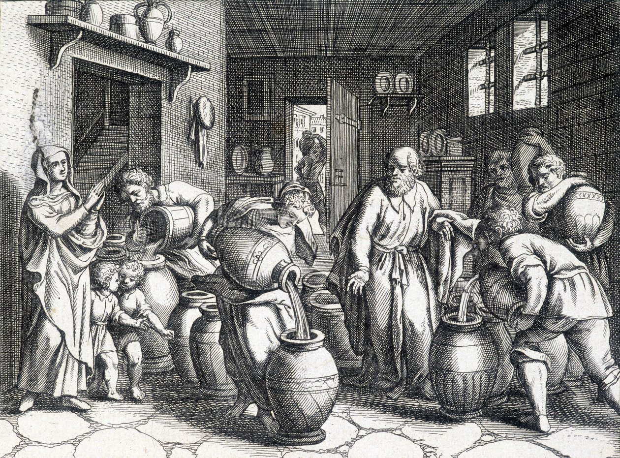 Elizeus csodája, a bibliai próféta és Illés tanítványa, aki köpenyével átadja neki szellemét és erejét. Metszet 1724-ből. alkotó: Unknown artist