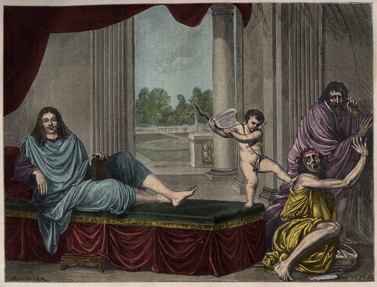 Moliere Jean Baptiste Poquelin (1622-1673) a vígjáték dzsinnjét idézi a bűn leverésére és a képmutatás levezetésére - Metszet egy 17. századból eltűnt festmény után alkotó: Unknown artist