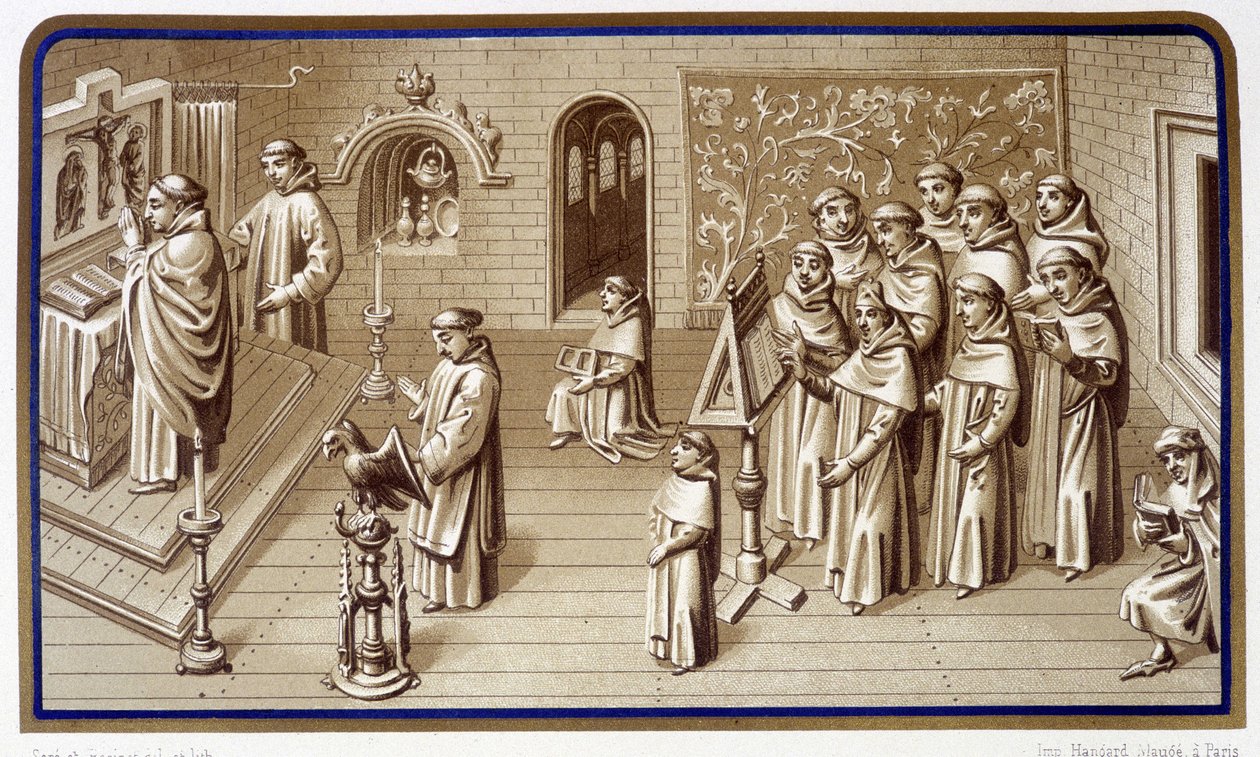 Szerzetesek a kolostor kápolnájában: ima és kórus. Grisaille a Szűzanya csodáiról. Kromolitográfia. 19. század alkotó: Unknown artist
