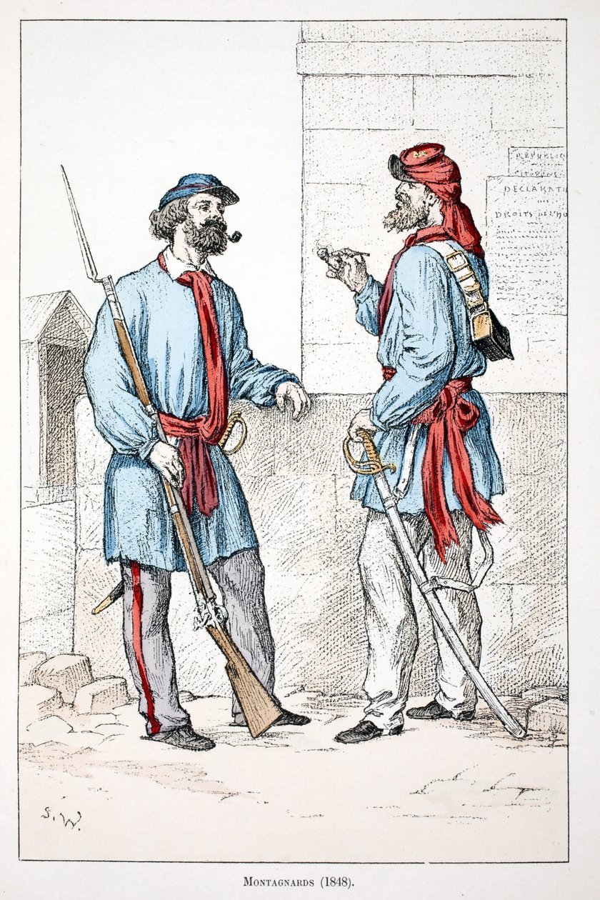Hegymászók (1848). Színes rézkarc, illusztrációként „” A békefenntartók hadtestének története”” című könyv Louis Lepine (1846-1933) Szajna-menti rendészeti prefektus gondozásában jelent meg Alfred Rey (1864-?) és Louis Feron (1862) gondozásában. -?), szerk alkotó: Unknown artist