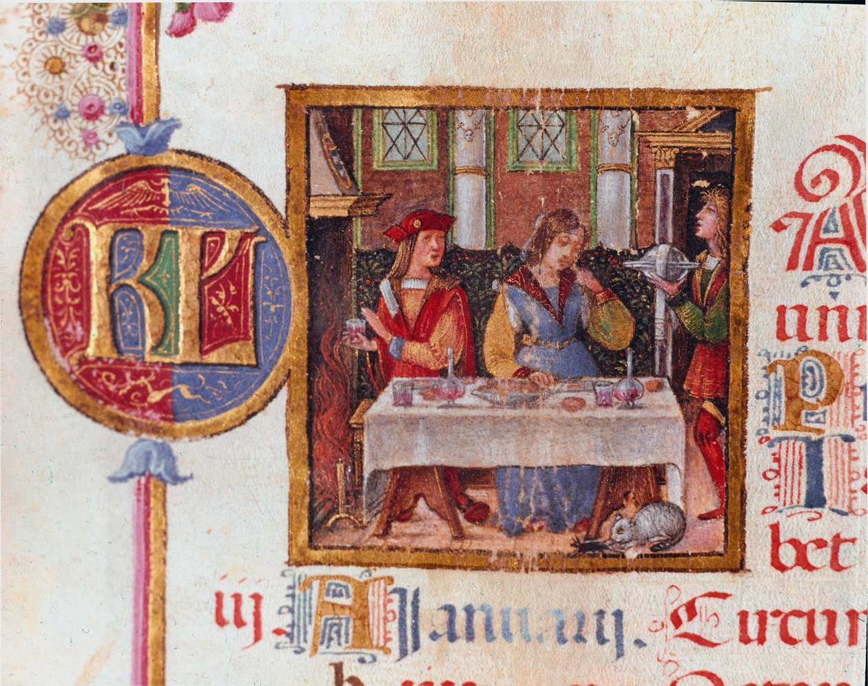 Január hónap: bankett jelenet. Miniatűr Herkules (Ercole) I d