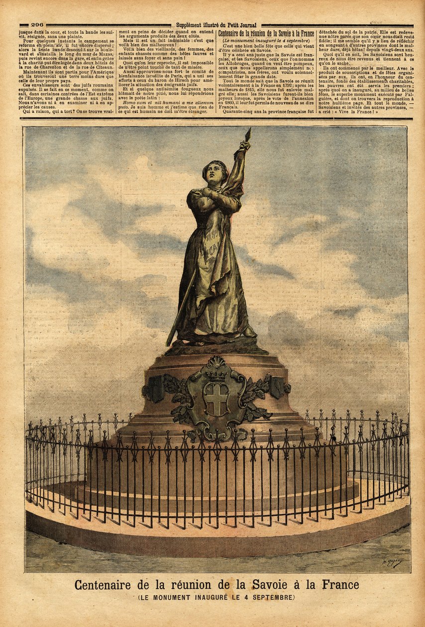 Falguiere szobrászművész által szeptember 4-én avatott emlékmű Savoyának Franciaországhoz való csatlakozásának századik évfordulójára (1792). Metszet a „Le petit journal”-ban 1892.10.10. Selva gyűjteménye. alkotó: Unknown artist