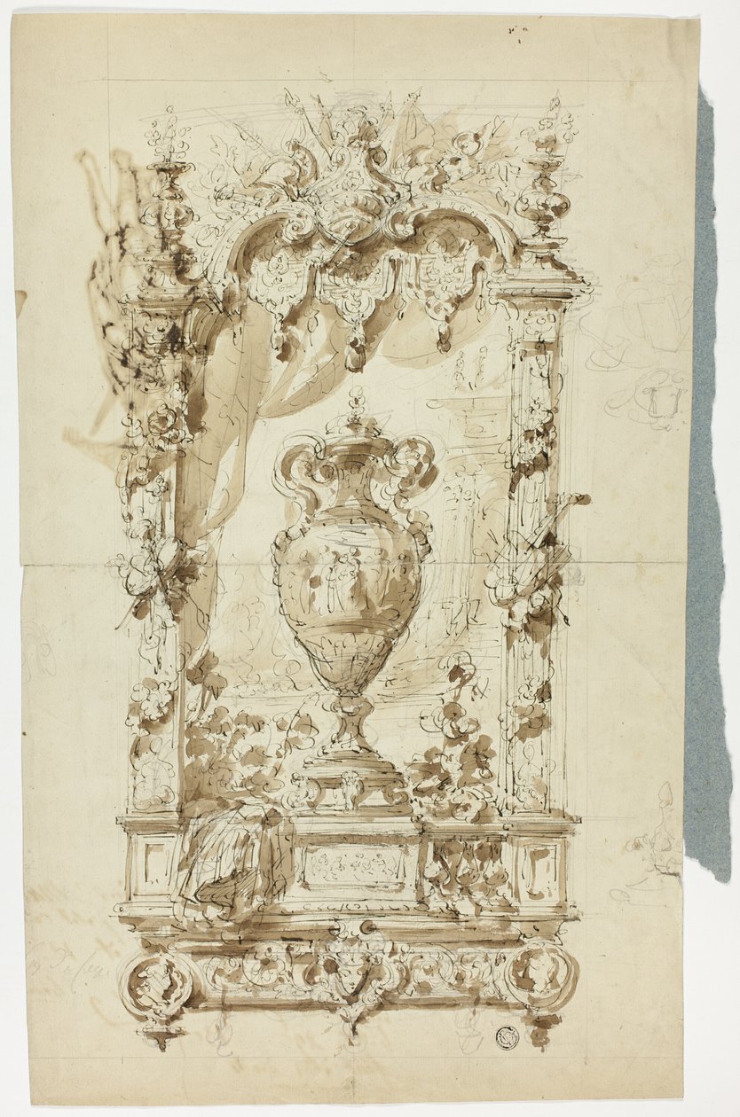 Monumentális váza díszes keretben (recto); Vázlat álló emberről napernyővel és papagájjal, valamint építészeti tanulmányok (verso) alkotó: Unknown artist