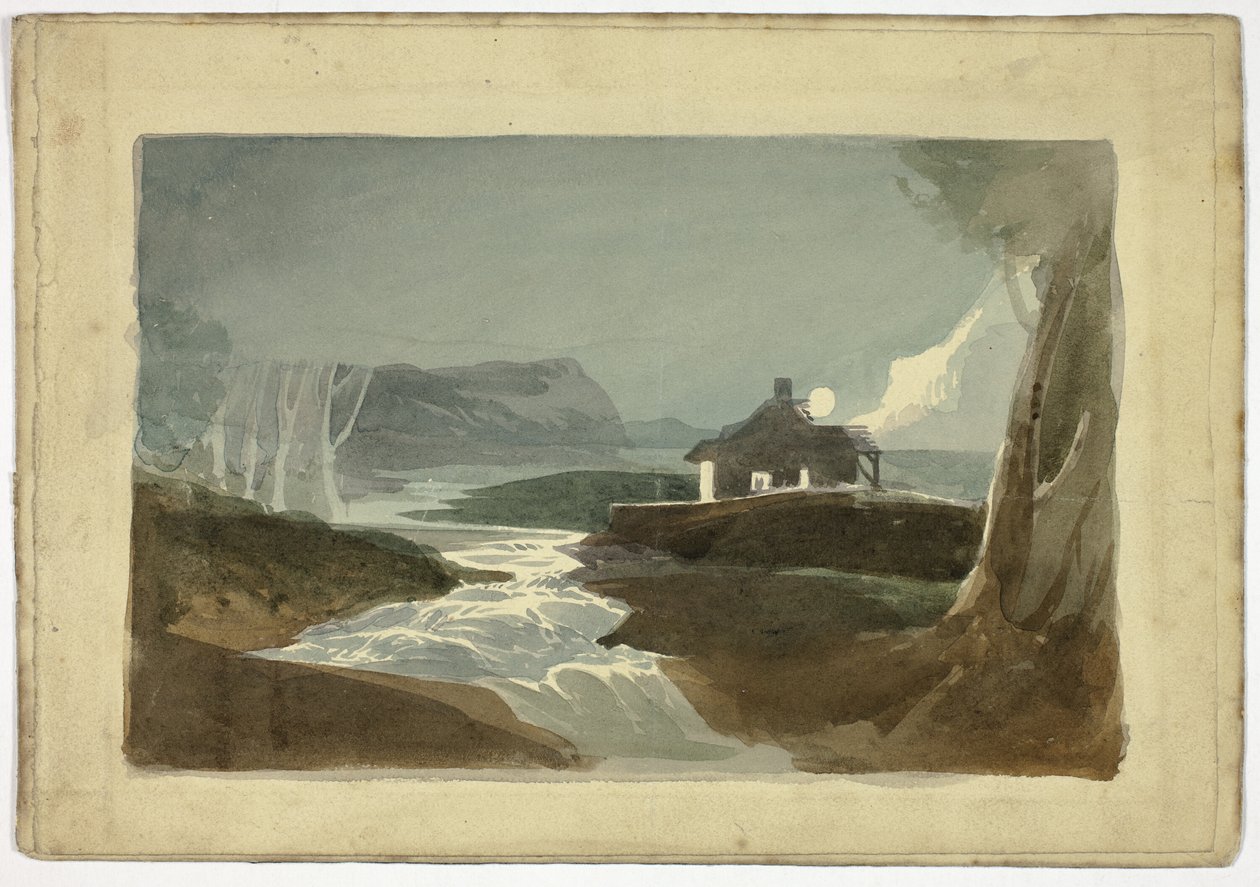 Hold a vízesés melletti házikó felett (recto); torony és tetőteraszos városi ház (verso) alkotó: Unknown artist