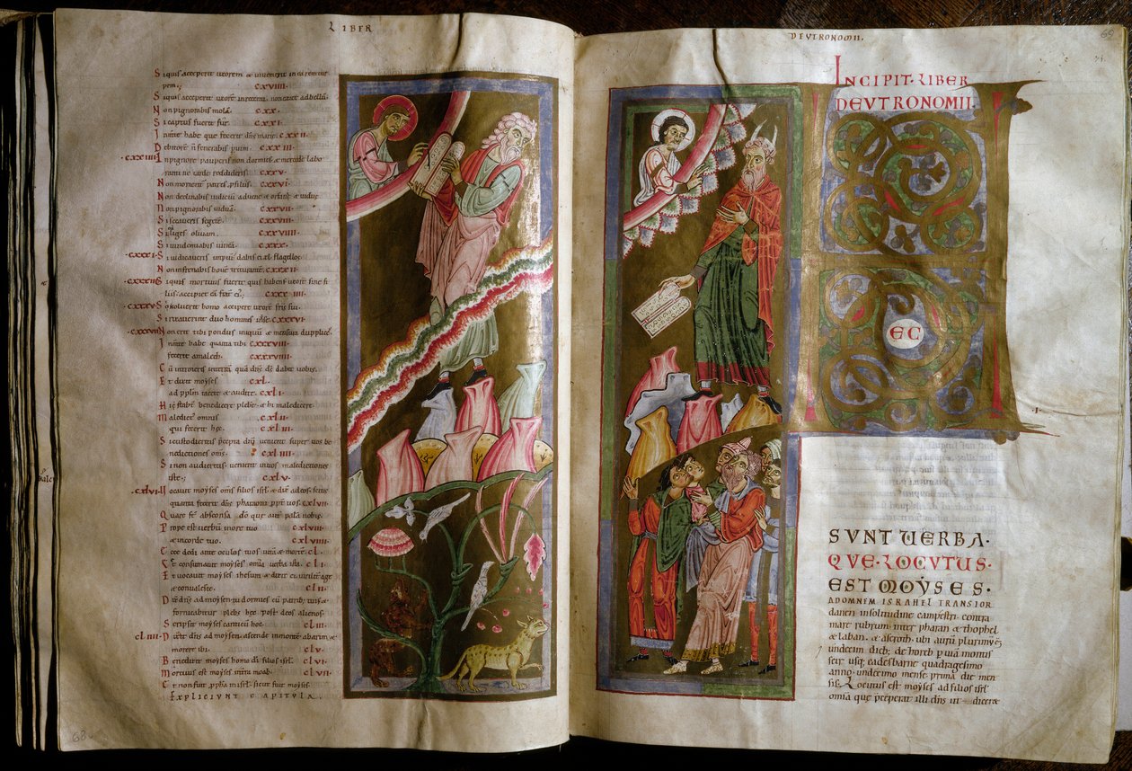 Mózes megkapja a törvénytáblázatokat Kétoldalas kéziratos „” Gebhardt Bible”” (Admont) (f.68v., 69r) XII. századi Bécsi Nemzeti Könyvtár Osztrák alkotó: Unknown artist