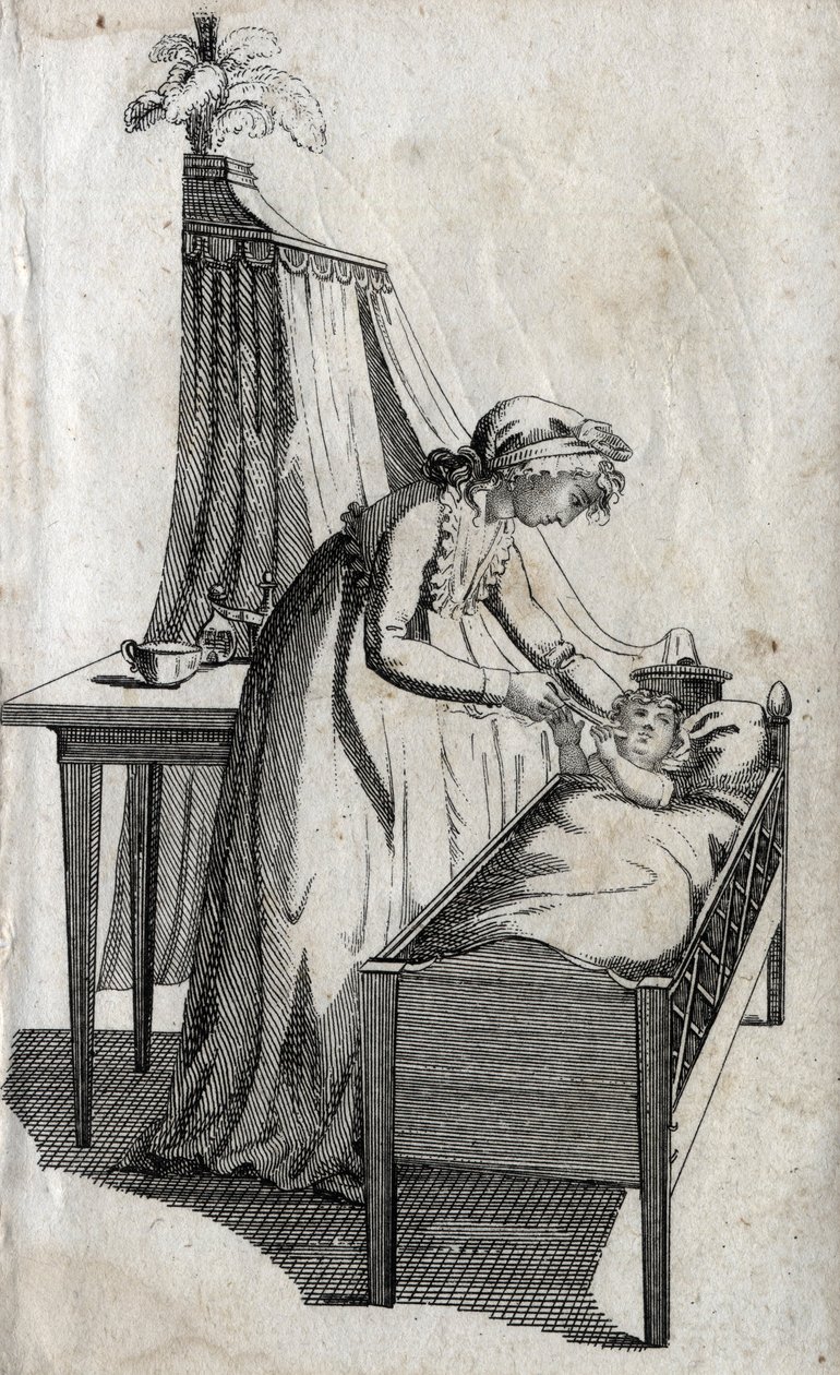 Anya és baba egy bölcsőben. 18. század végi metszet. Magángyűjtemény. alkotó: Unknown artist