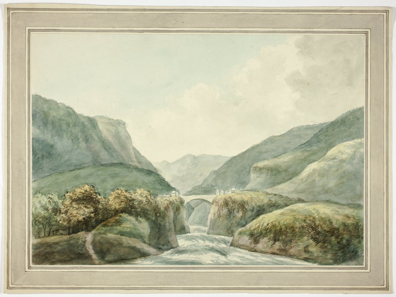 Mountain Town by Bridge Spanning Rapids alkotó: Unknown artist