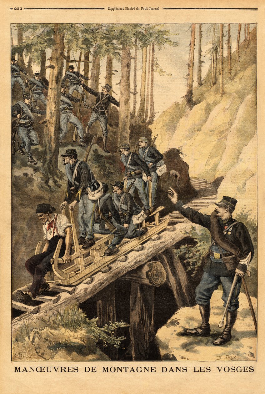 Hegyi manőver a Vogézekben egy alpesi vadász zászlóalj, fakitermelési szán kérésével. Metszet a „” Le petit journal”-ban 1896.07.19. Selva gyűjteménye. alkotó: Unknown artist