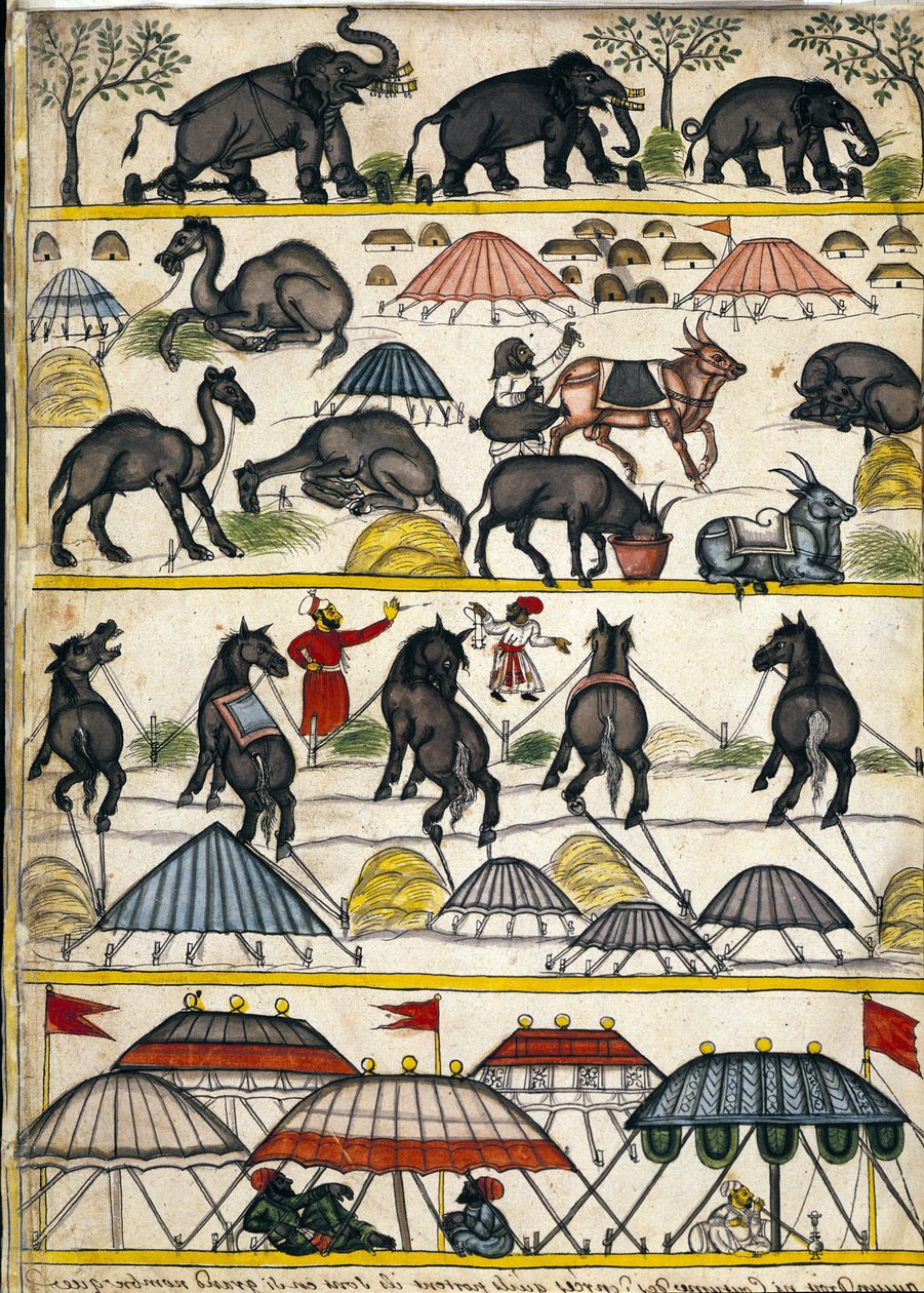 Mogul katonai tábor. Oldal a kéziratból (ms.8300) Stefano Nivibus Cardeira „Mogol története”” (Moghul vagy Moghol). 18. század. Bibloteca marciana, Velence alkotó: Unknown artist