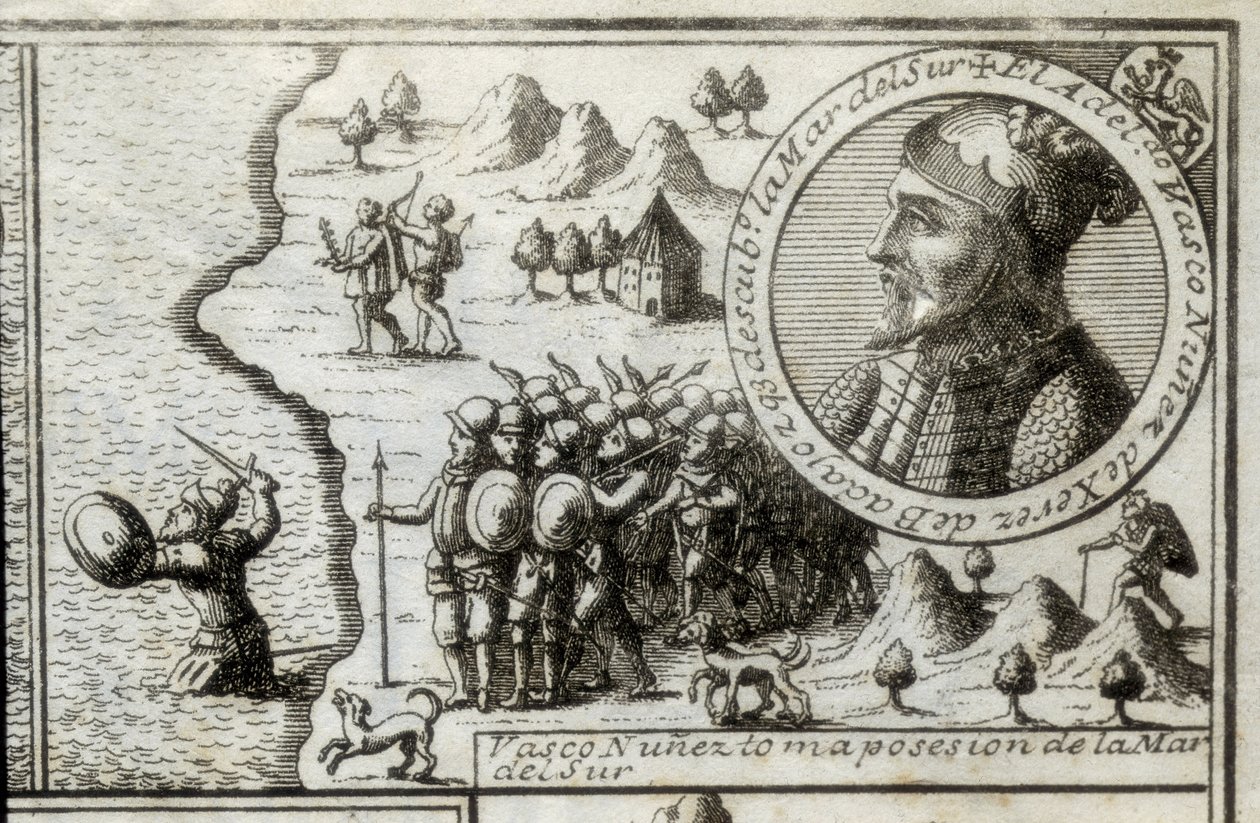 NUNEZ DE BALBOA, Vasco (1475-1517). Angol felfedező és hódító. Spanyolország. Spanyol gyarmatosítás (1513). Vasco Nunez birtokba veszi a Déli-tengert. Kép 1728-ból. Metszet. alkotó: Unknown artist