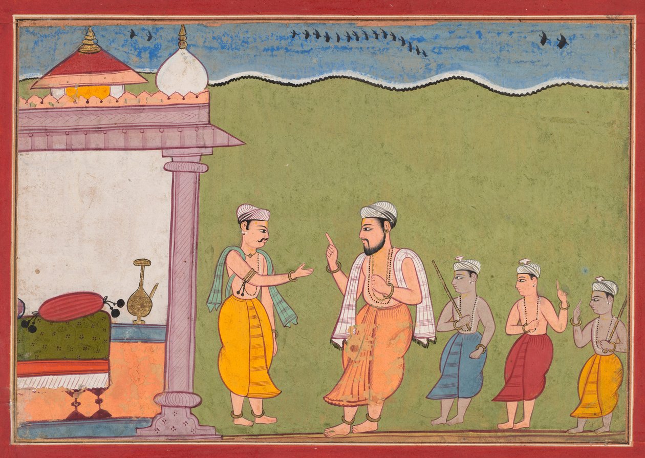 Nanda megoldja Vasudeva dilemmáját a Bhagavata Puránából alkotó: Unknown artist