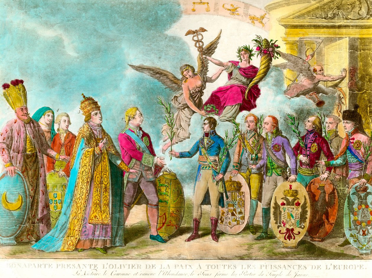 Napóleon Bonaparte (1769-1821) a béke olajfáját mutatja be Európa minden hatalmának. Metszet 1801 Magángyűjtemény alkotó: Unknown artist