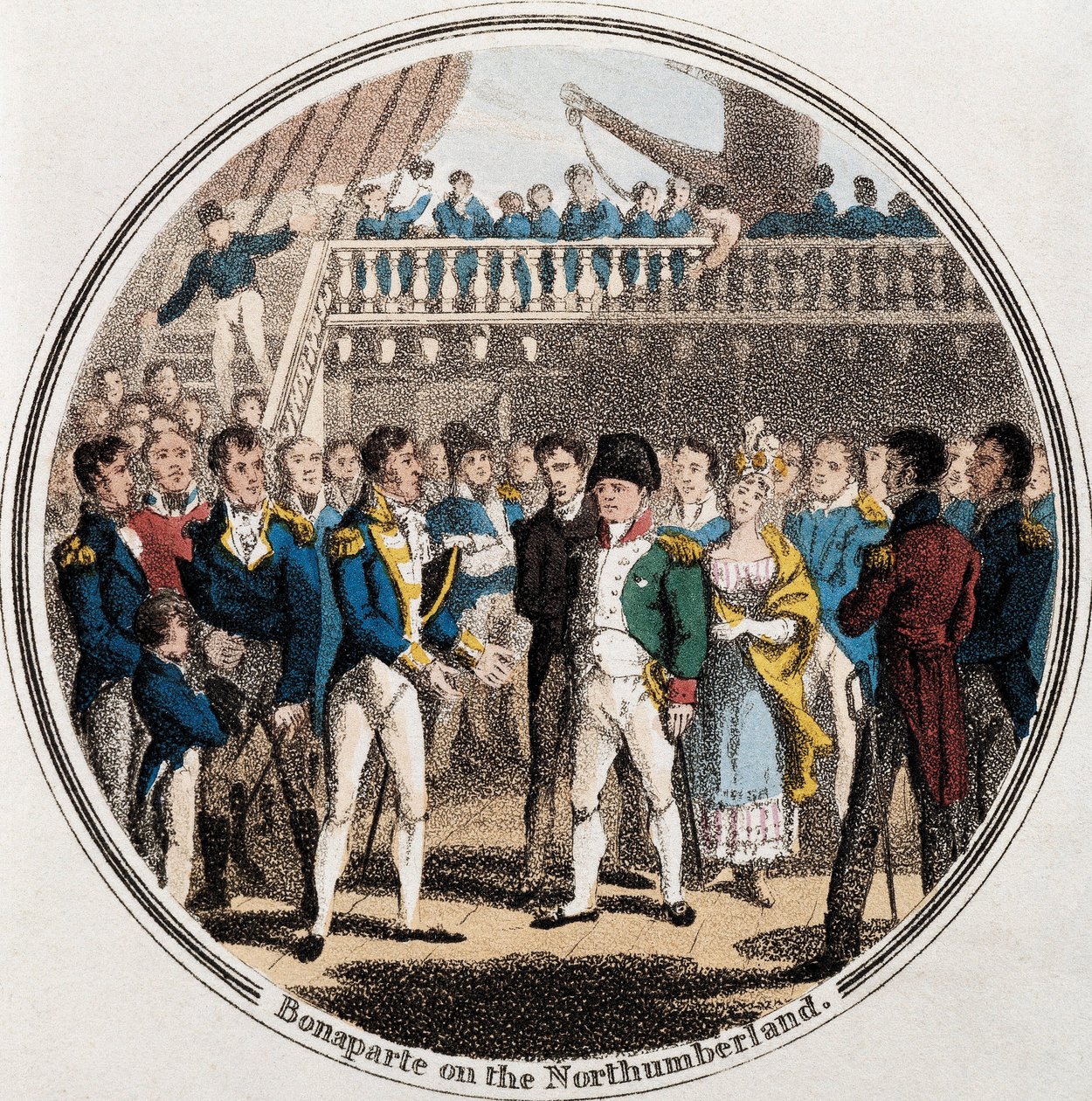 Napóleon Bonaparte és George Cockburn angol admirális Northumberlandben Madame Bertrand kíséretében (színes litó) alkotó: Unknown artist