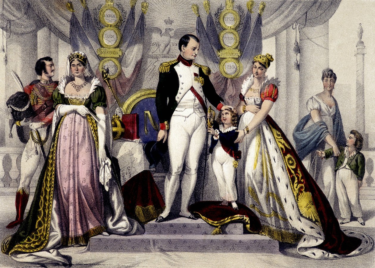 Napóleon-dinasztia 1804-től 1815-ig. Josephine, I. Napóleon, Róma királya, Mária Lujza. századi metszet. alkotó: Unknown artist