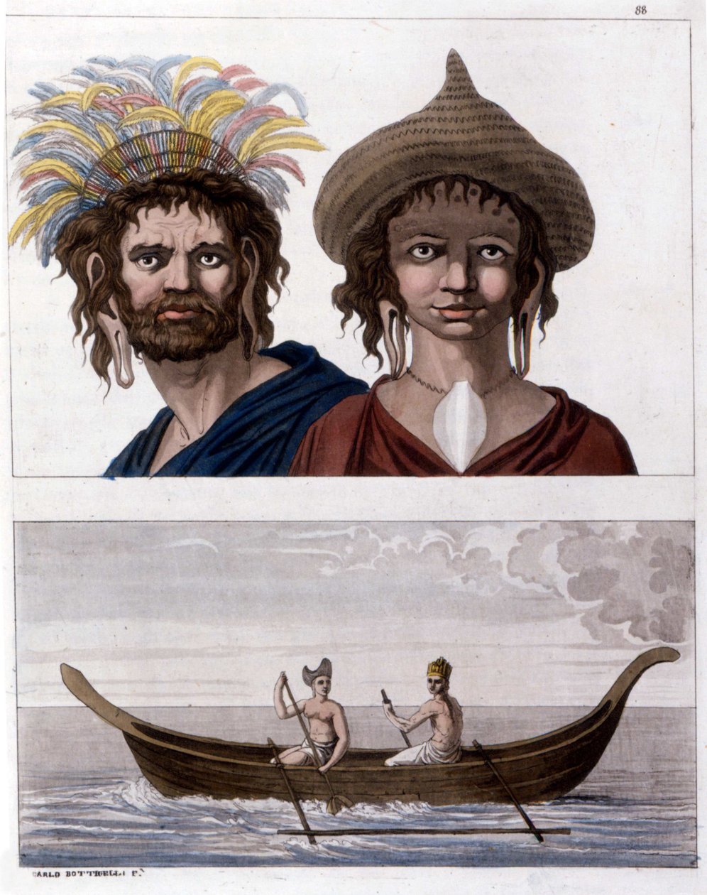 A polinéziai Húsvét-szigeten (Rapa Nui) őshonos, a Long Ears klán tagjai. Lent az egyik hajójuk. - Jules Ferrario „A régi és modern jelmez” című művében alkotó: Unknown artist