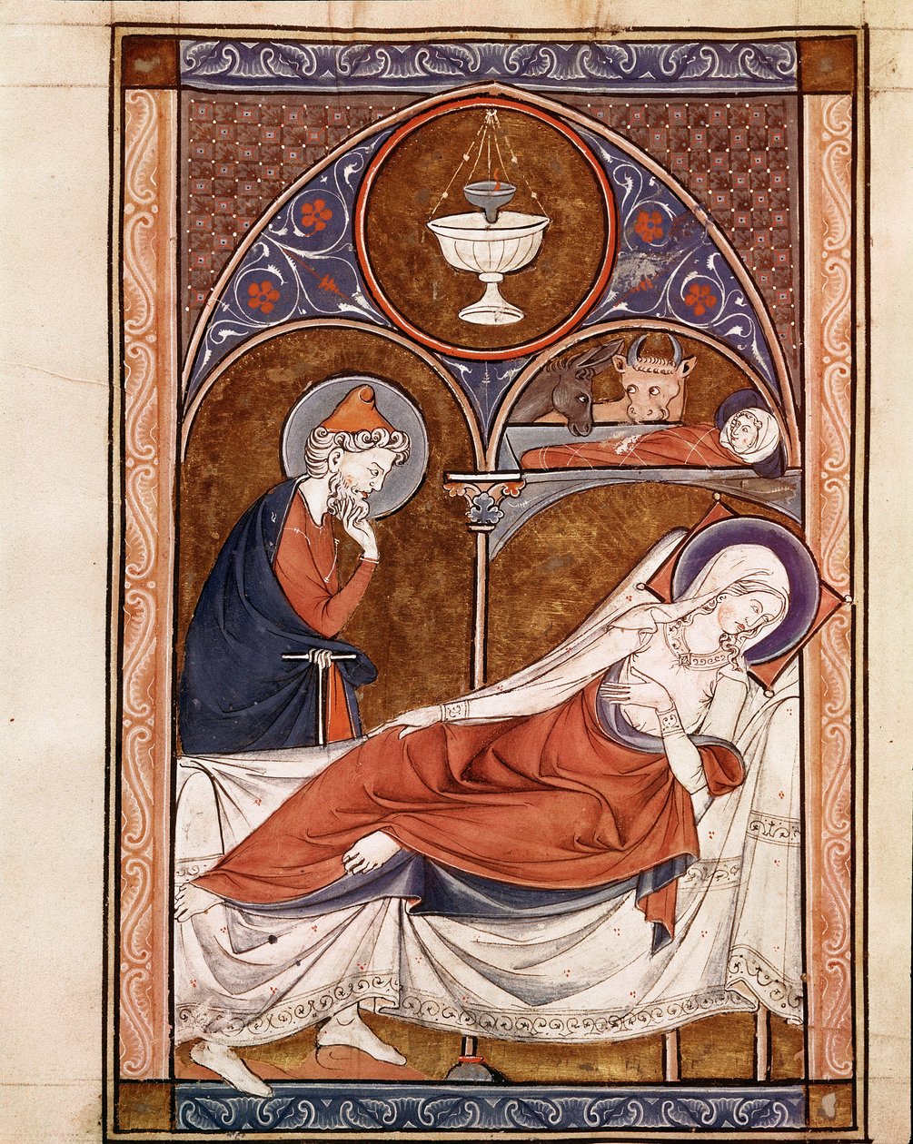 Születés: Szűz Mária ábrázolja itt ágyon fekve Oldal a „” Psalterium Cum Calendario” kéziratból” 13. századi Padova, a szeminárium bibliotékája alkotó: Unknown artist