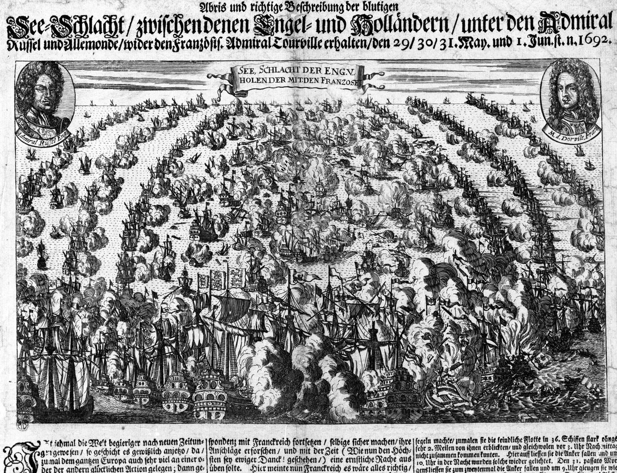 La Hougue-i haditengerészeti csata (1692), amely XIV. Lajos Hollandiával szállt szembe. Metszés. 18. század. alkotó: Unknown artist