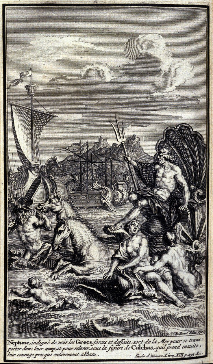 Neptunusz, aki méltatlan volt arra, hogy lássa a görögök erőit és tetteit, elhagyja a tengert, hogy táborukba szállítsa magát, és felemelkedjen Calchas alakja alá, akit aztán magához vesz, bátorságuk csaknem teljesen megsemmisült. Az Iliász XIII. könyvének alkotó: Unknown artist