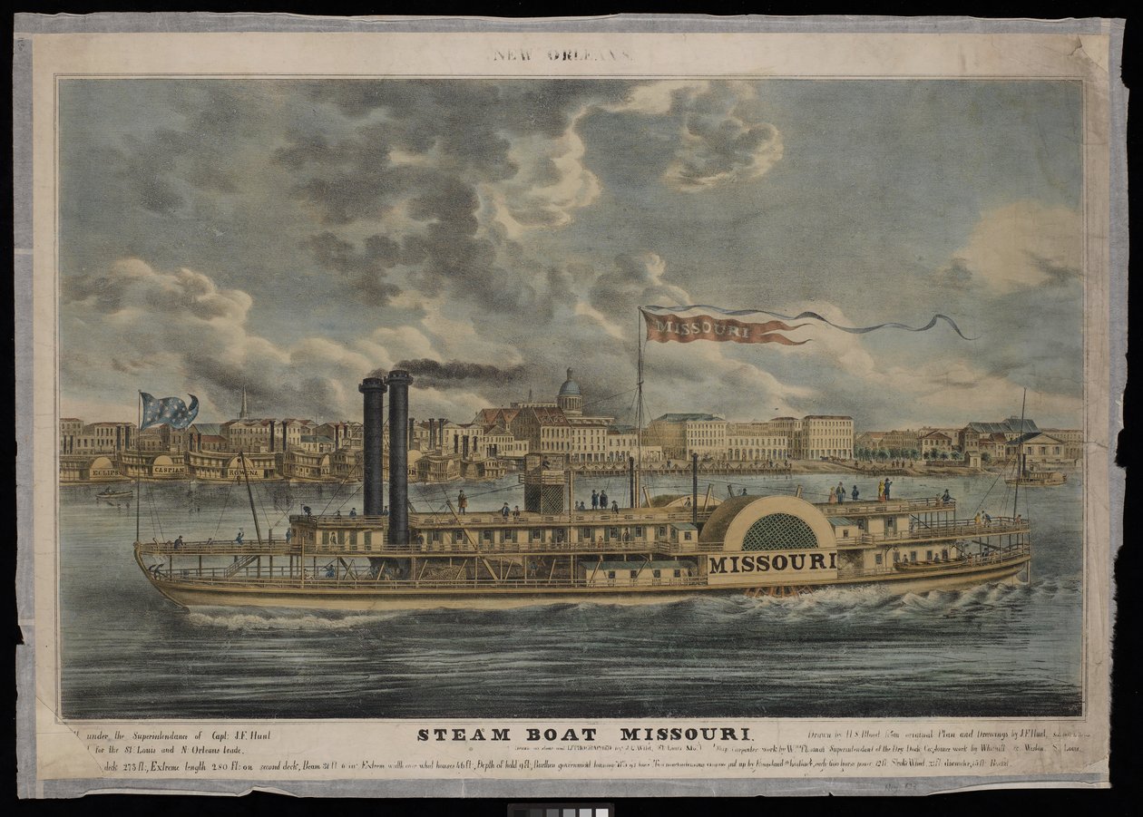 New Orleans. Missouri gőzhajó (litográfia, színes) alkotó: Unknown artist