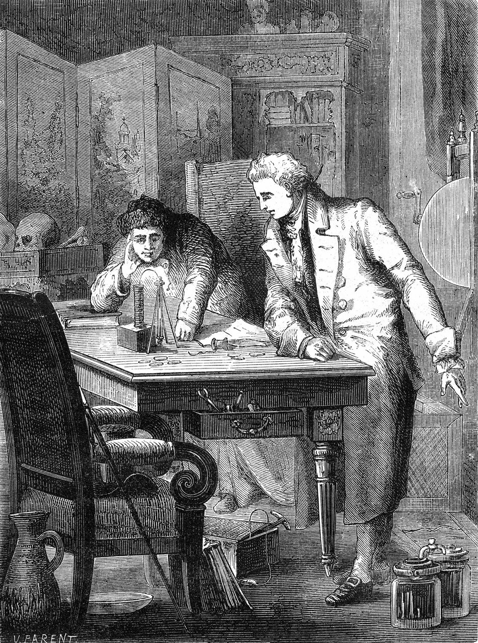 Nicholson és Carlisle bontja a vizet a Volta-akkumulátoron keresztül, London 1800. május 2. alkotó: Unknown artist