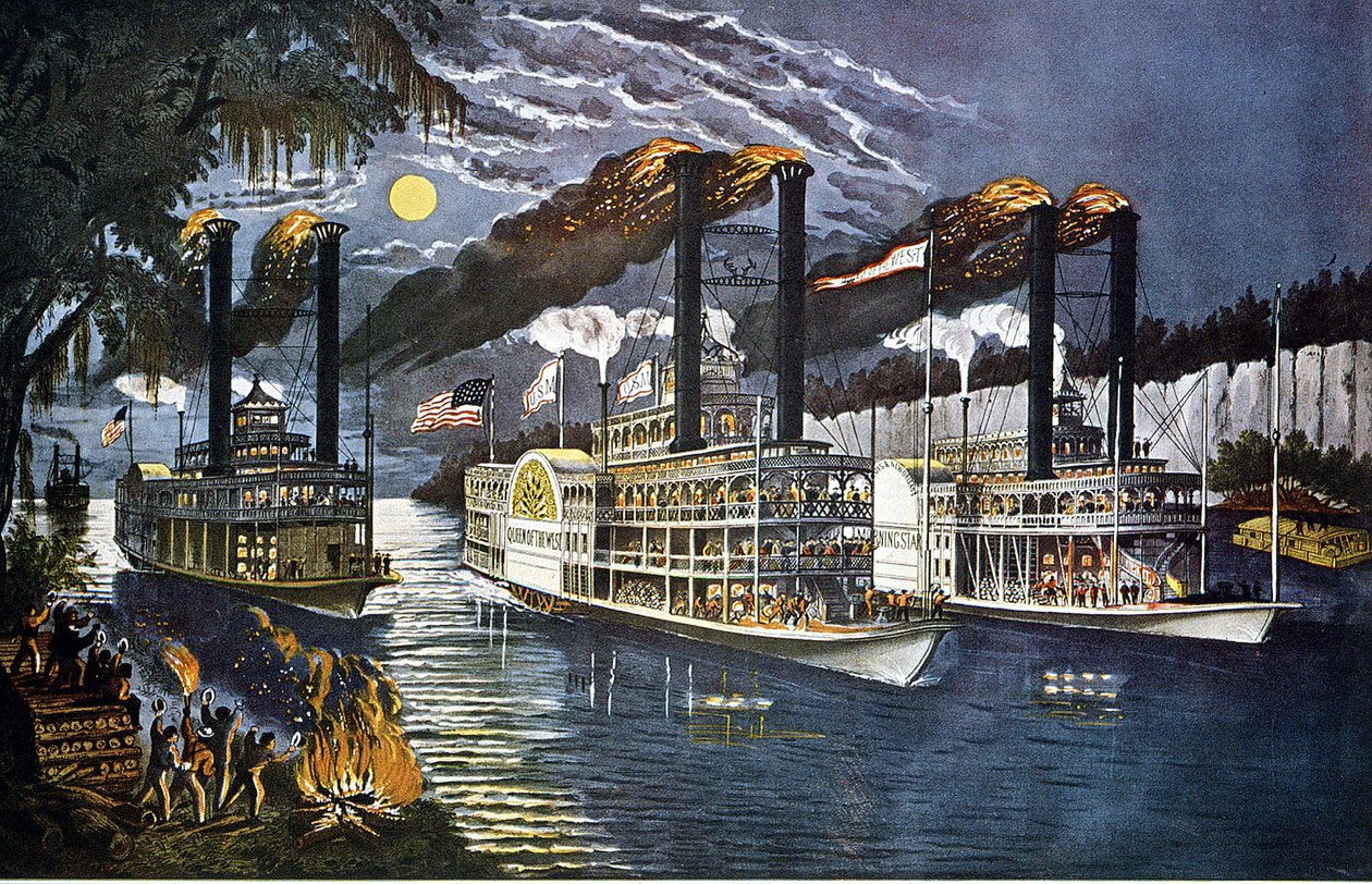 A 2 hajó éjszakai versenye hajnalban a Mississippin alkotó: Unknown artist