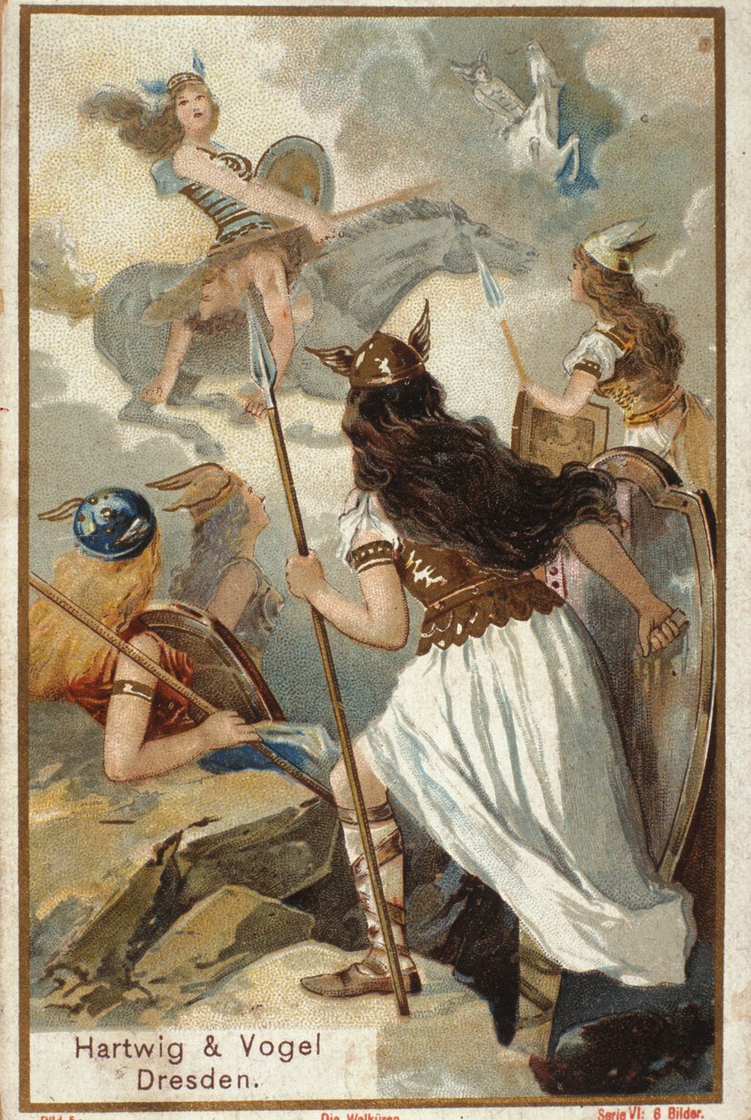 Skandináv mitológia: A Walkűrök (szüzek harcosai) Valhollban (vagy Walhalla, Valhalla, Valhalle: hely, ahová a bátor harcosokat viszik) és a harcosok bukása a csatában. századi kromolitográfia alkotó: Unknown artist
