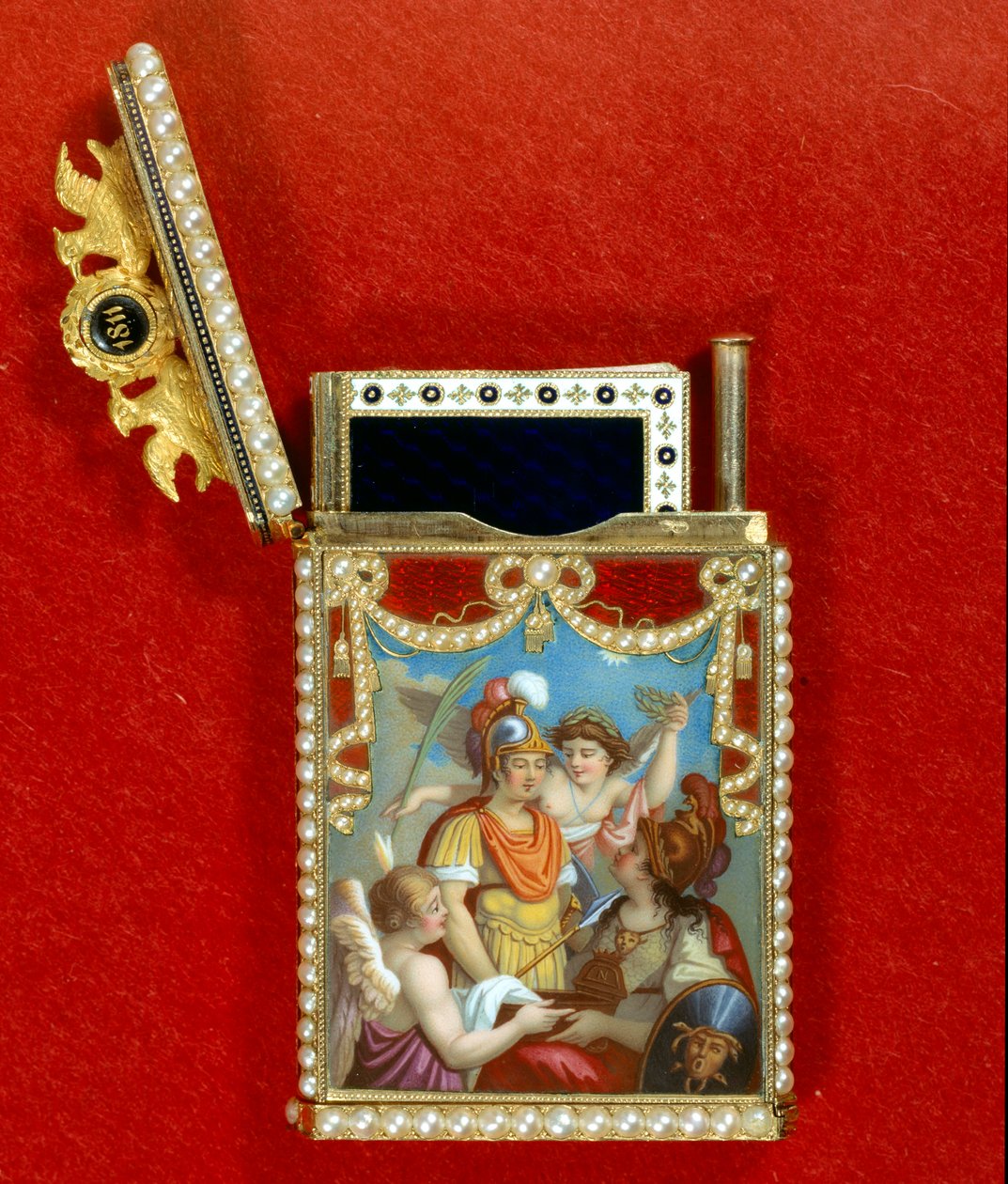 A jegyzetfüzettartó miniatűr festményt díszít, amely II. Napóleon római király, Reichstadt hercege (1811-1832), I. Napóleon császár (1769-1821) fia születéséről szól. alkotó: Unknown artist