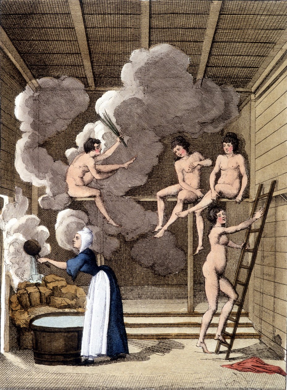 Meztelen karakterek egy filandi szaunában. Az 1811-ből származó metszet tartalmaz egy könyvet az utazásról. alkotó: Unknown artist