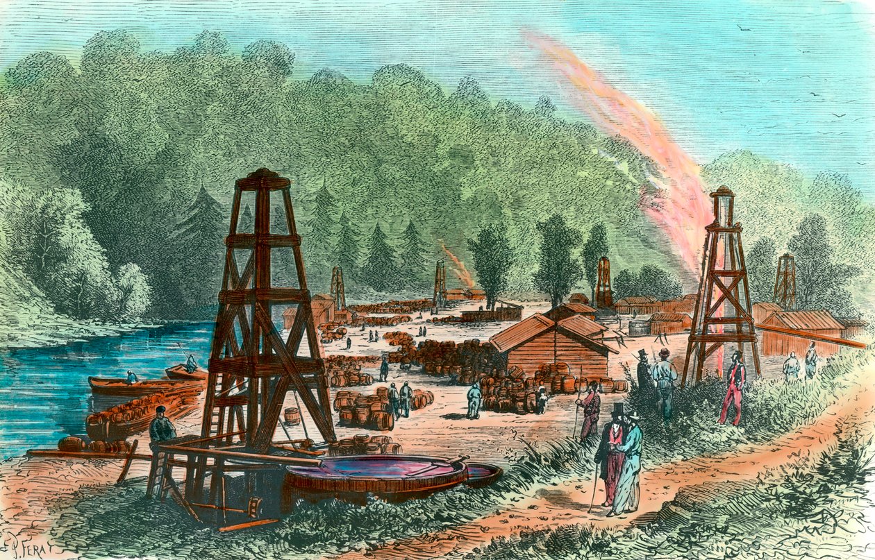 Olajkutak a Tarr Farmban Pennsylvaniában, Amerikai Egyesült Államokban. századi metszet. Magángyűjtemény alkotó: Unknown artist